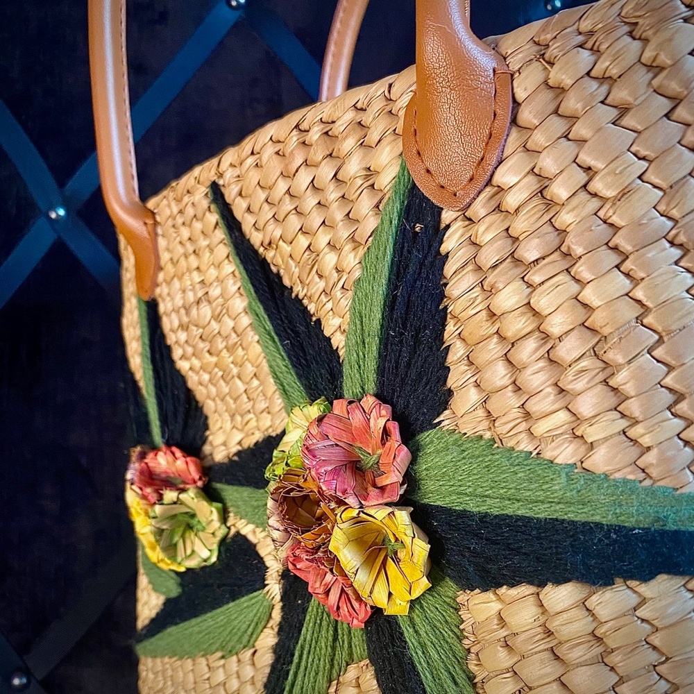 Embroidered Straw Tote Bag in Natural with Green Accents - Picture 4 of 11